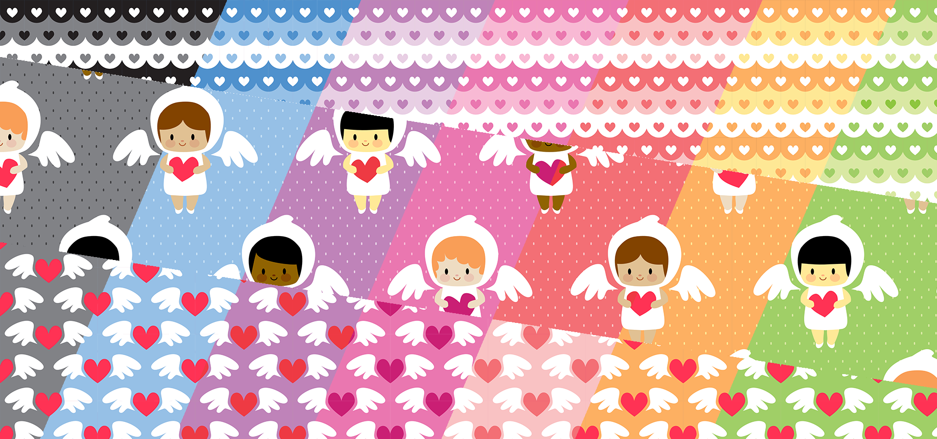 Collection motifs anges kawaii et petits coeurs