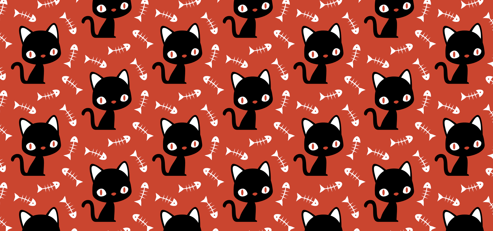 Motif chats noirs et arêtes de poisson - rouge