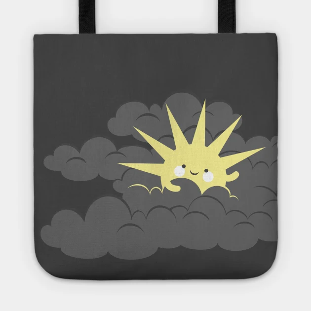 happy sun in a gray cloud tote bag